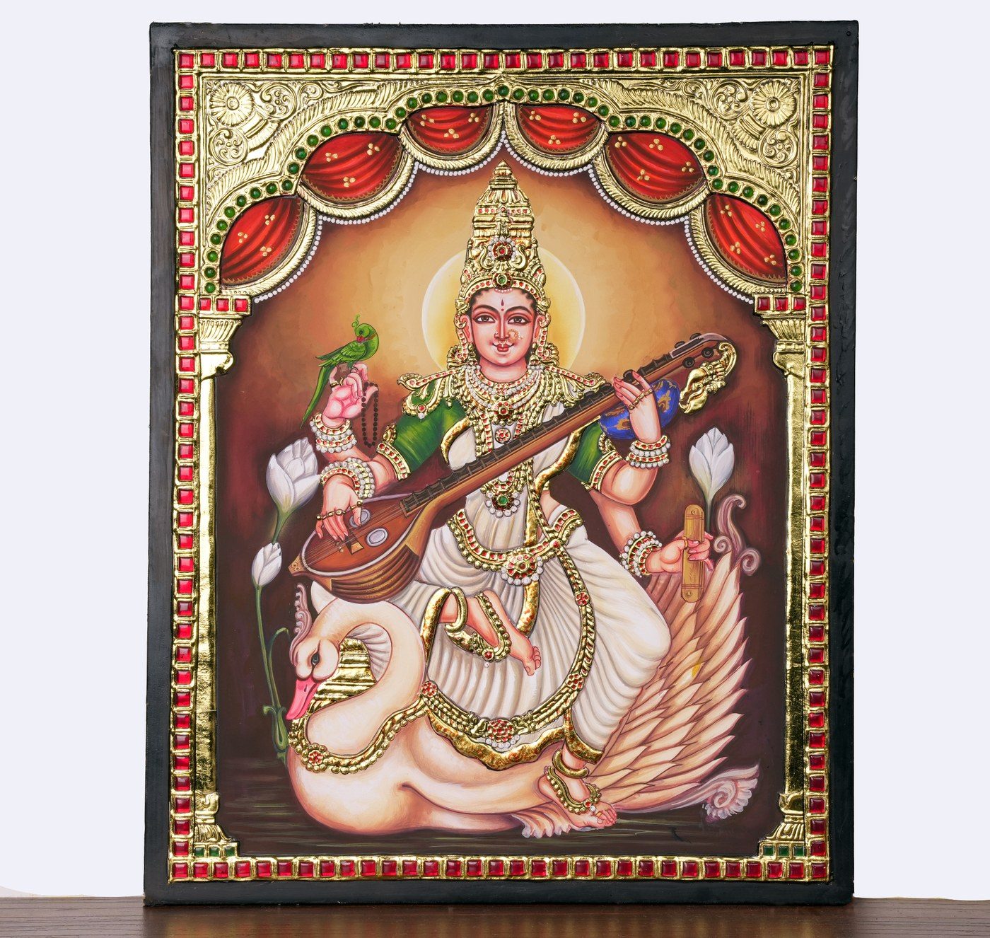 Saraswathi seated on a swan, Tanjore painting