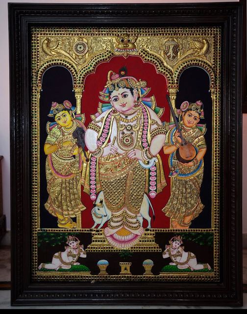 Krishna with Bhama and Rukmini, a grand Tanjore painting